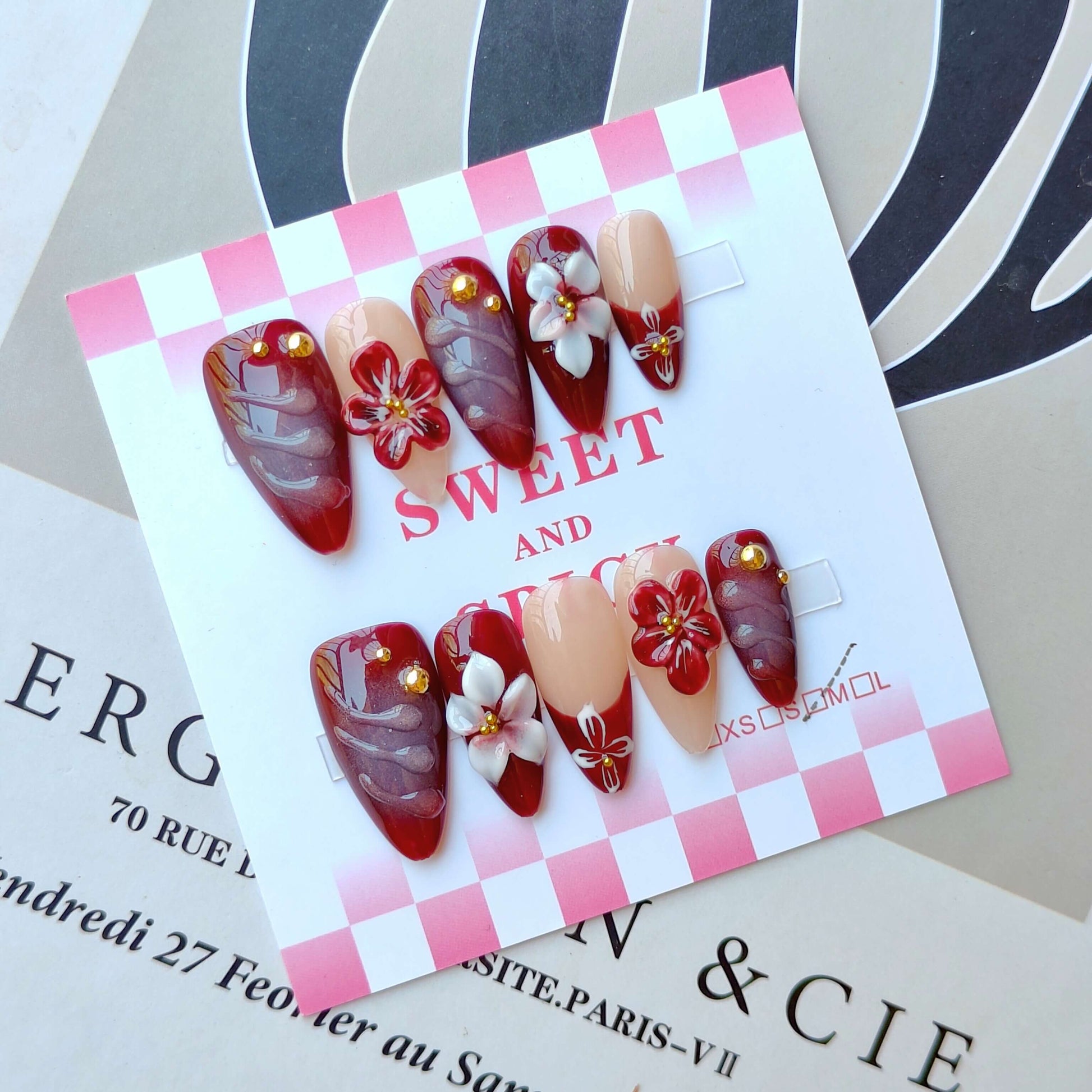 Autumn Bloom Ruby Red Press-On Nails | Handmade Acrylic Press-On Nails - Liliana Nail's