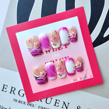 Wild Heart Tiger Press-On Nails | Pink & White Ombré, 3D Flowers & Gold Accents | Edgy Reusable Manicure| Fake Nails False Nails