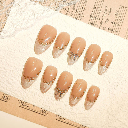 Nude and Gold Press on Nails | 3D Bow Charm, "Melted" Gold, Pearl White Textured Nails, Coquette Nails, Elegant Bridal Fake Nails