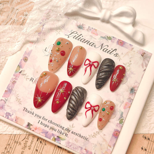 Red French Tip Nails | White Lace, "Christmas Wreath" Rhinestone Nails, Elegant Press on Nails, Dark Red Holiday Fake Nails