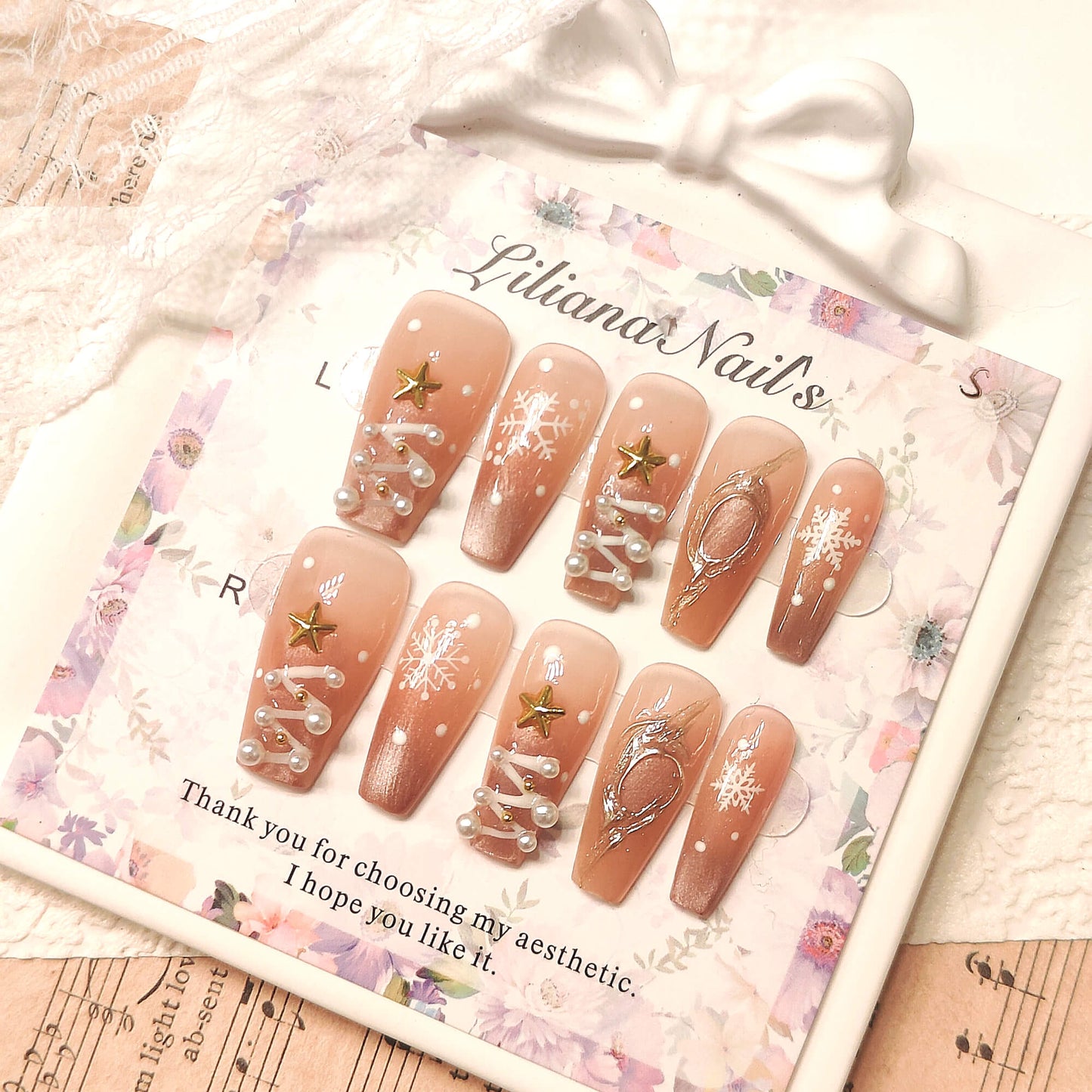 Snowflake Press on Nails | 3D Pearl Christmas Tree, Nude Ombre Nails, "Winter Wonderland" Elegant Reusable Nails, Frosted Fake Nails