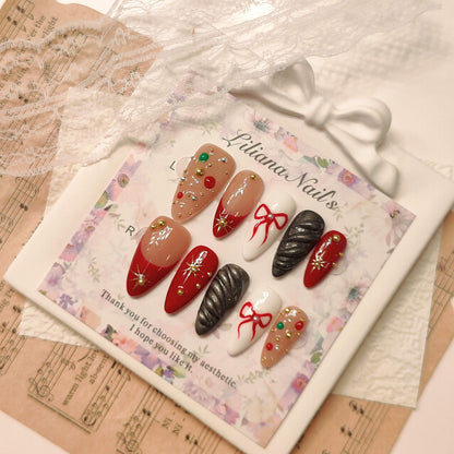 Red French Tip Nails | White Lace, "Christmas Wreath" Rhinestone Nails, Elegant Press on Nails, Dark Red Holiday Fake Nails