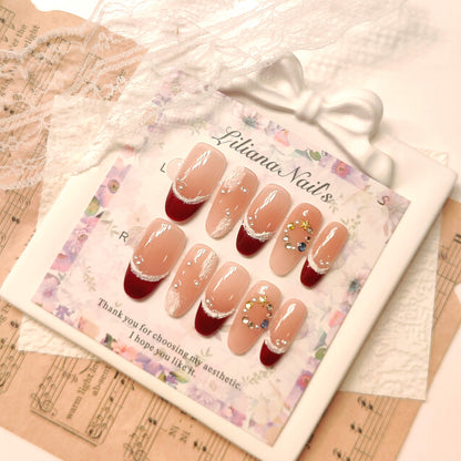 Mixed Christmas Press on Nails | 3D Bow, Gingerbread, Red & Black Nails, "Holiday Party" Sweater Texture Fake Nails