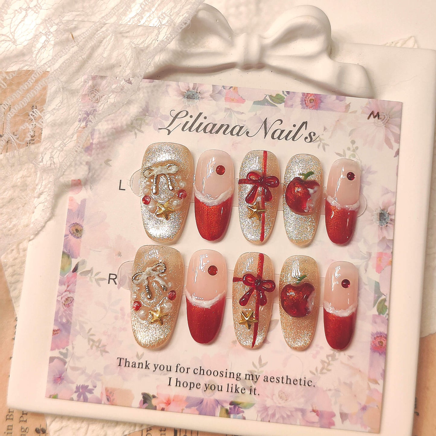 Red Christmas Press on Nails | 3D Apple & Bow, Gold Glitter, "Snow White" Cute Kawaii Nails, Festive Holiday Fake Nails