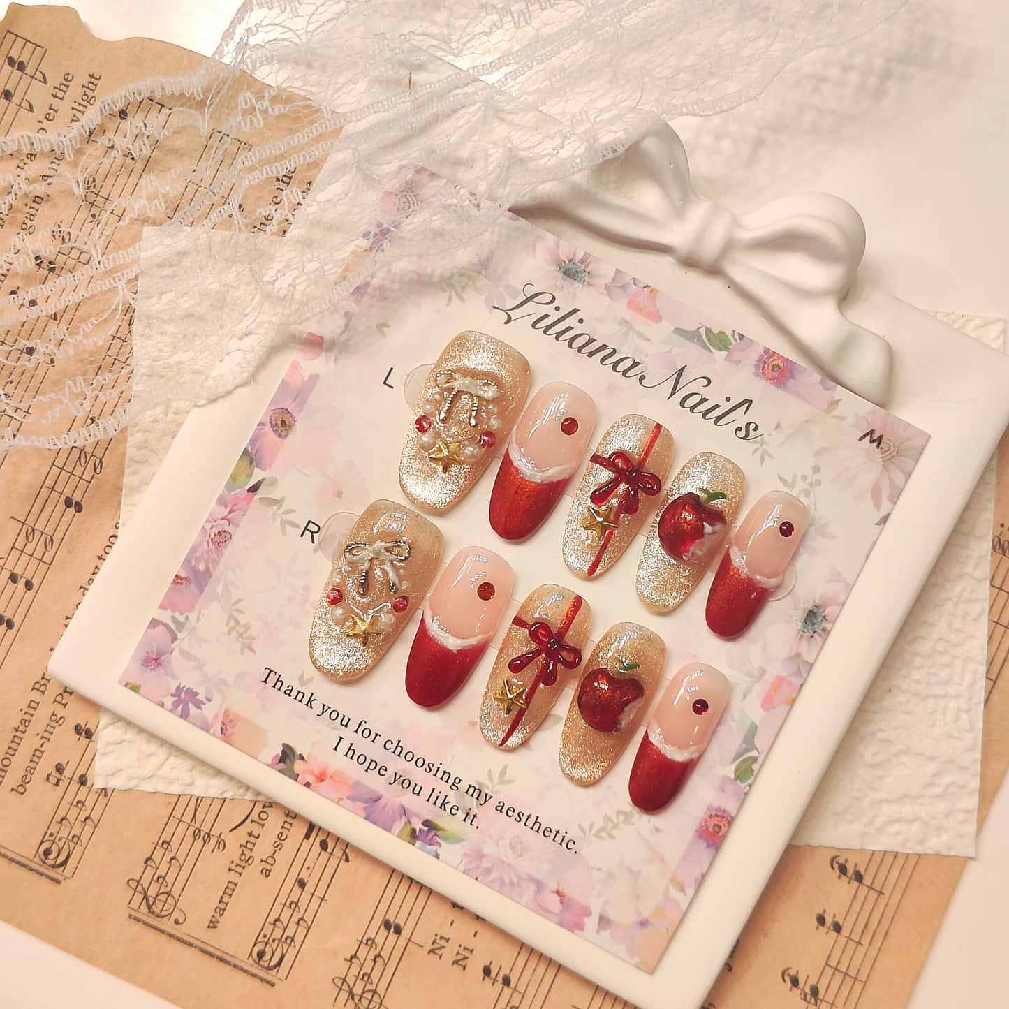 Red Christmas Press on Nails | 3D Apple & Bow, Gold Glitter, "Snow White" Cute Kawaii Nails, Festive Holiday Fake Nails