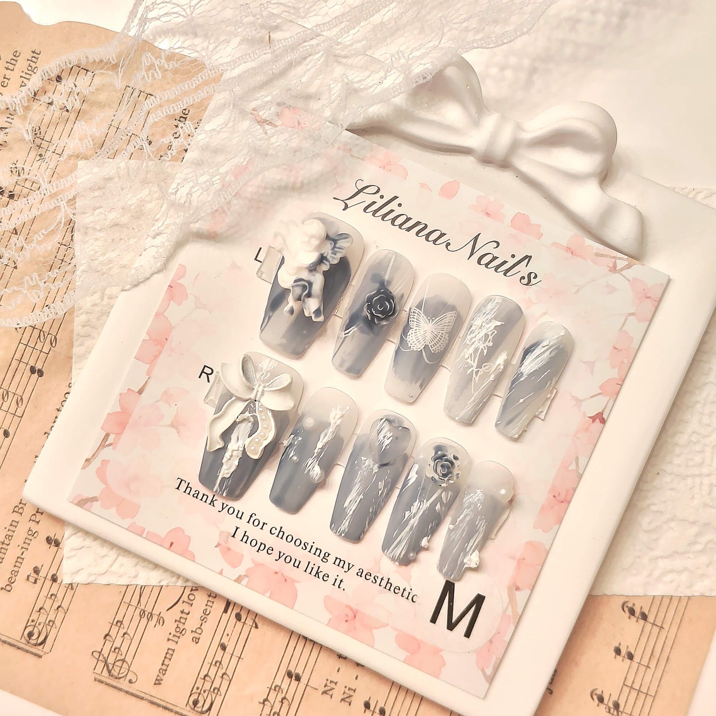 Dusty Blue Press on Nails | 3D Bow & Butterfly, Ice Frosted Nails, Balletcore Coquette Nails, Handmade Luxury Fake Nails