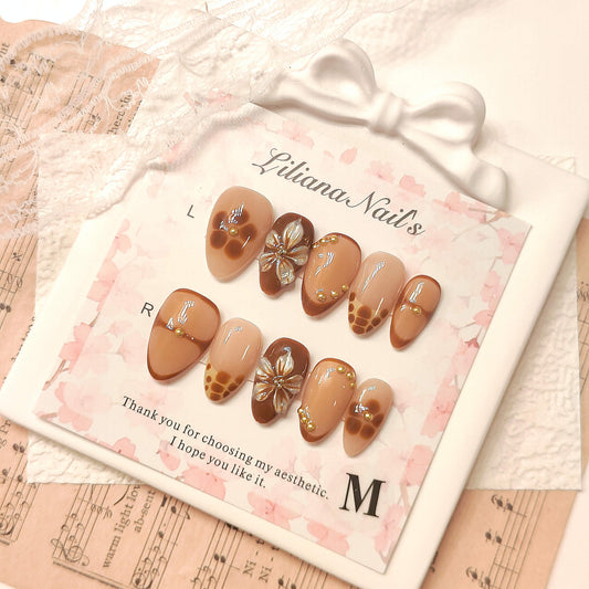 Latte Nails 10pc Short Almond Acrylic Handmade Press-On Nails With Free Tool Kit