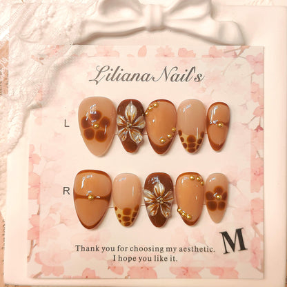 Latte Nails 10pc Short Almond Acrylic Handmade Press-On Nails With Free Tool Kit
