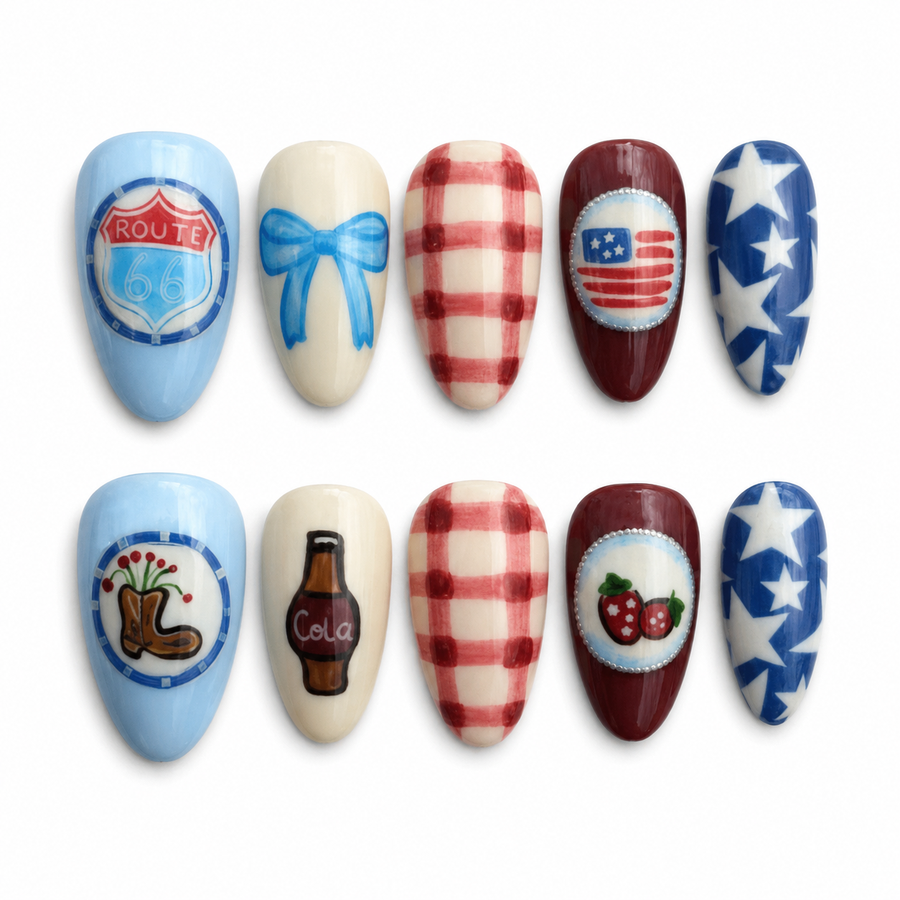 Americana Darling short almond press-on nails on a clean white background
