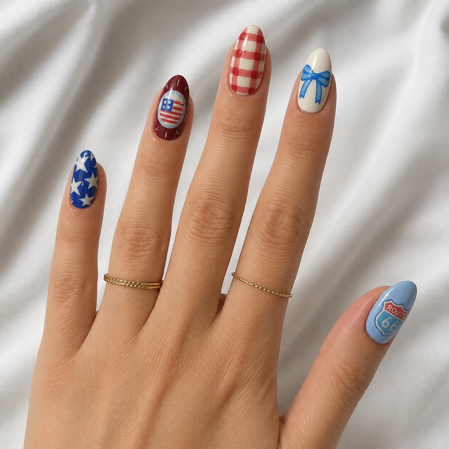 Americana Darling short almond press-on nails on a ring hand