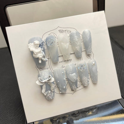 Dusty Blue Press on Nails | 3D Bow & Butterfly, Ice Frosted Nails, Balletcore Coquette Nails, Handmade Luxury Fake Nails