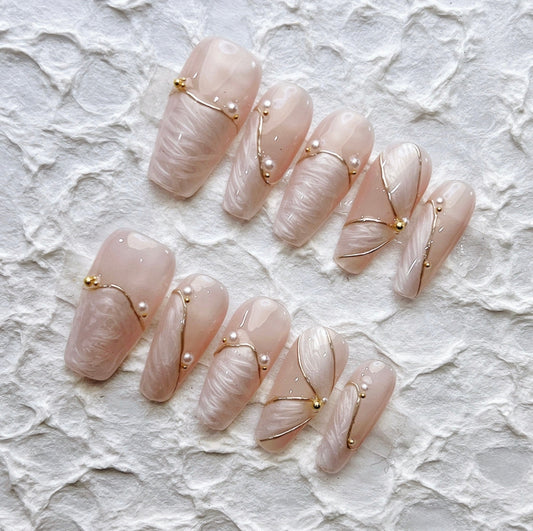 Nude and White Press on Nails | 3D Gold Lines, Pearl Nails, Elegant Swirl, Coquette Nails, Luxury Bridal Fake Nails