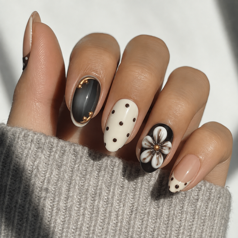 Cocoa Camellia short almond press-on nails worn with a knit sweater