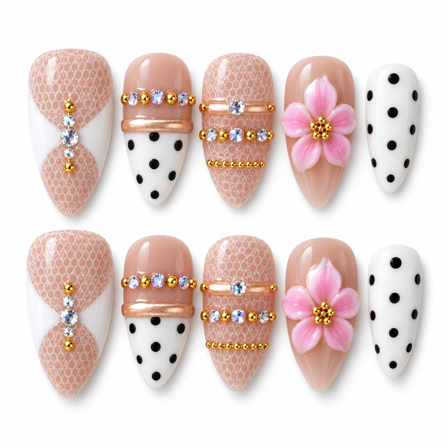 Lace & Confetti Medium Almond (25 mm) handmade press-on nails — studio-01