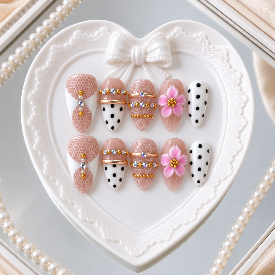 Lace & Confetti Medium Almond (25 mm) handmade press-on nails — studio-04