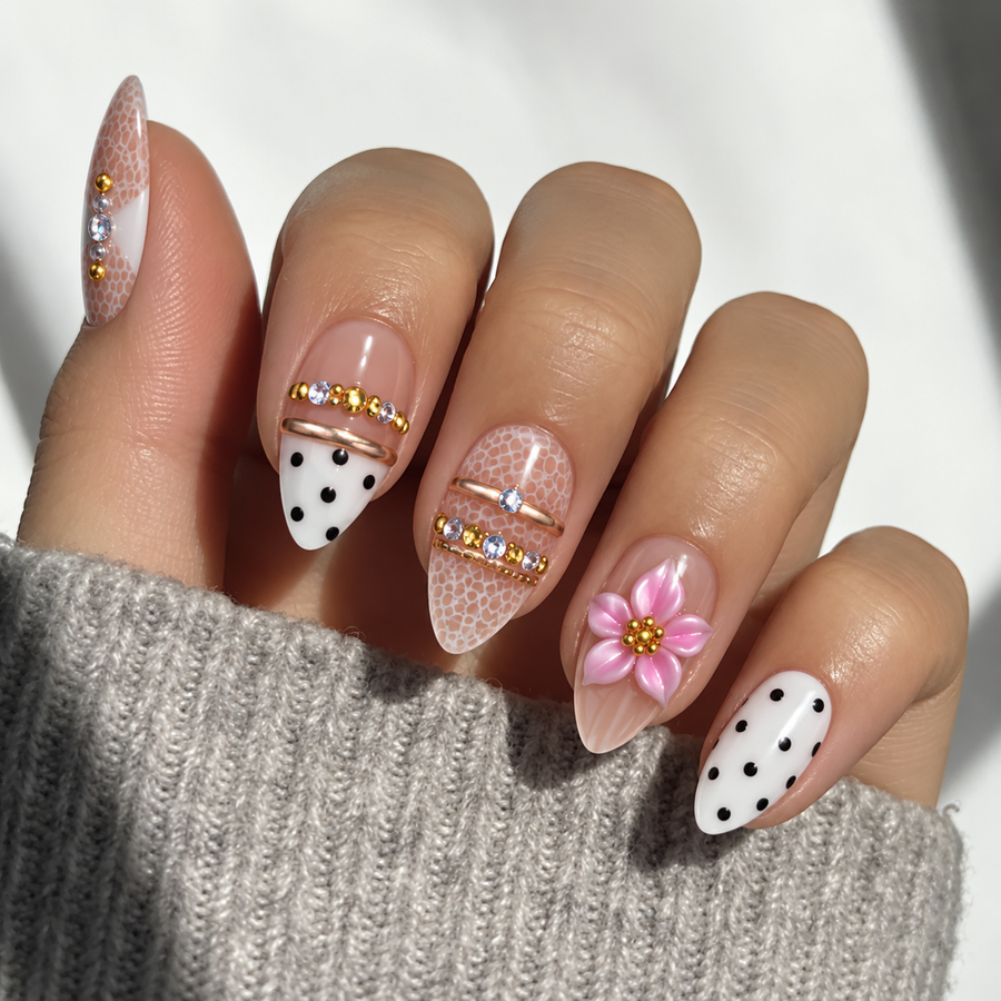 Lace & Confetti Medium Almond (25 mm) handmade press-on nails — studio-05