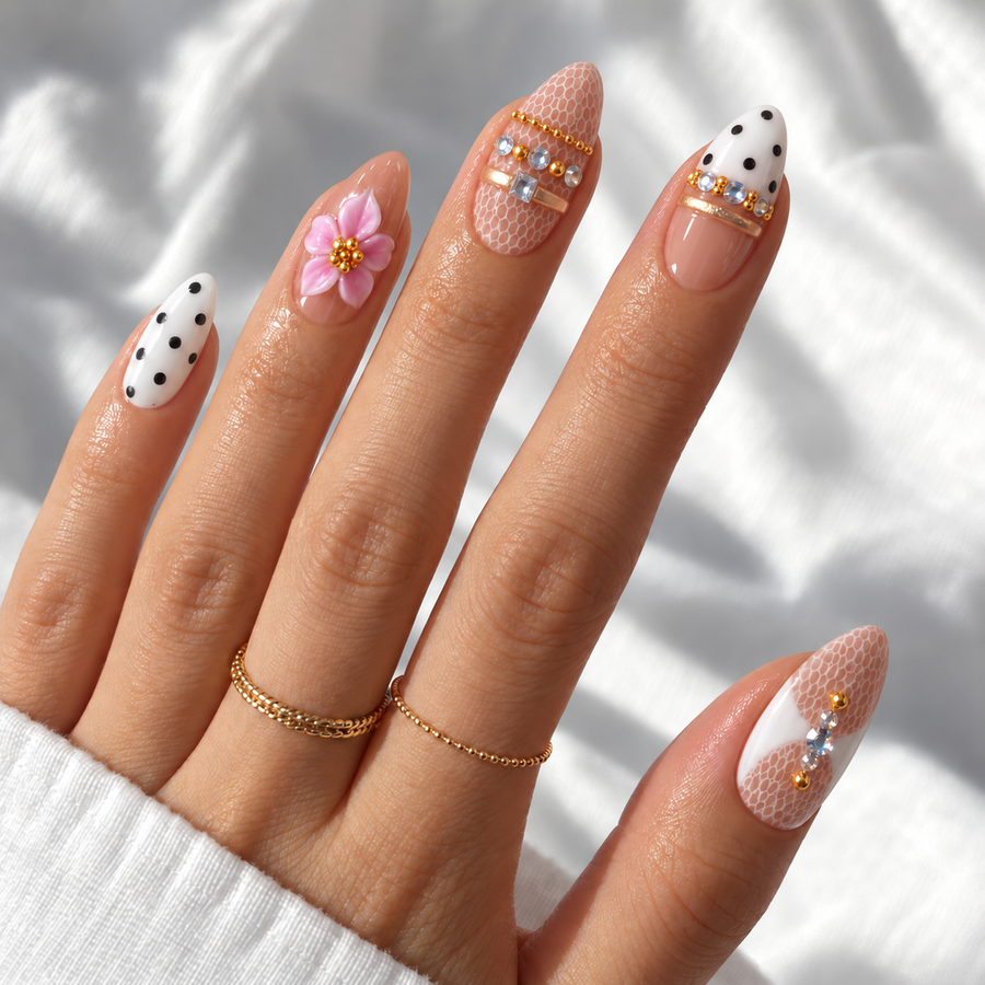 Lace & Confetti Medium Almond (25 mm) handmade press-on nails — studio-06