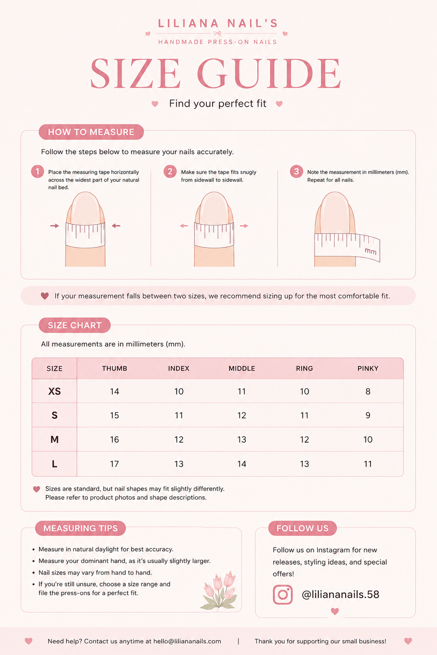 Liliana Nail's press-on nail size guide