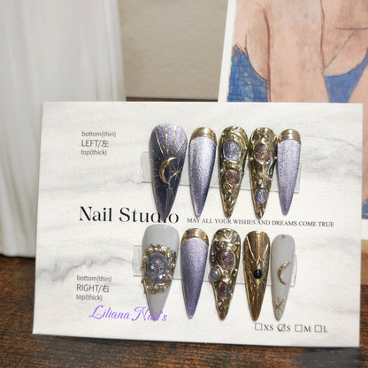 Starry Night Cat Eye Stiletto Handmade Acrylic Press-On Nails| Edgy Reusable Manicure| Fake Nails False Nails Stick on Nails