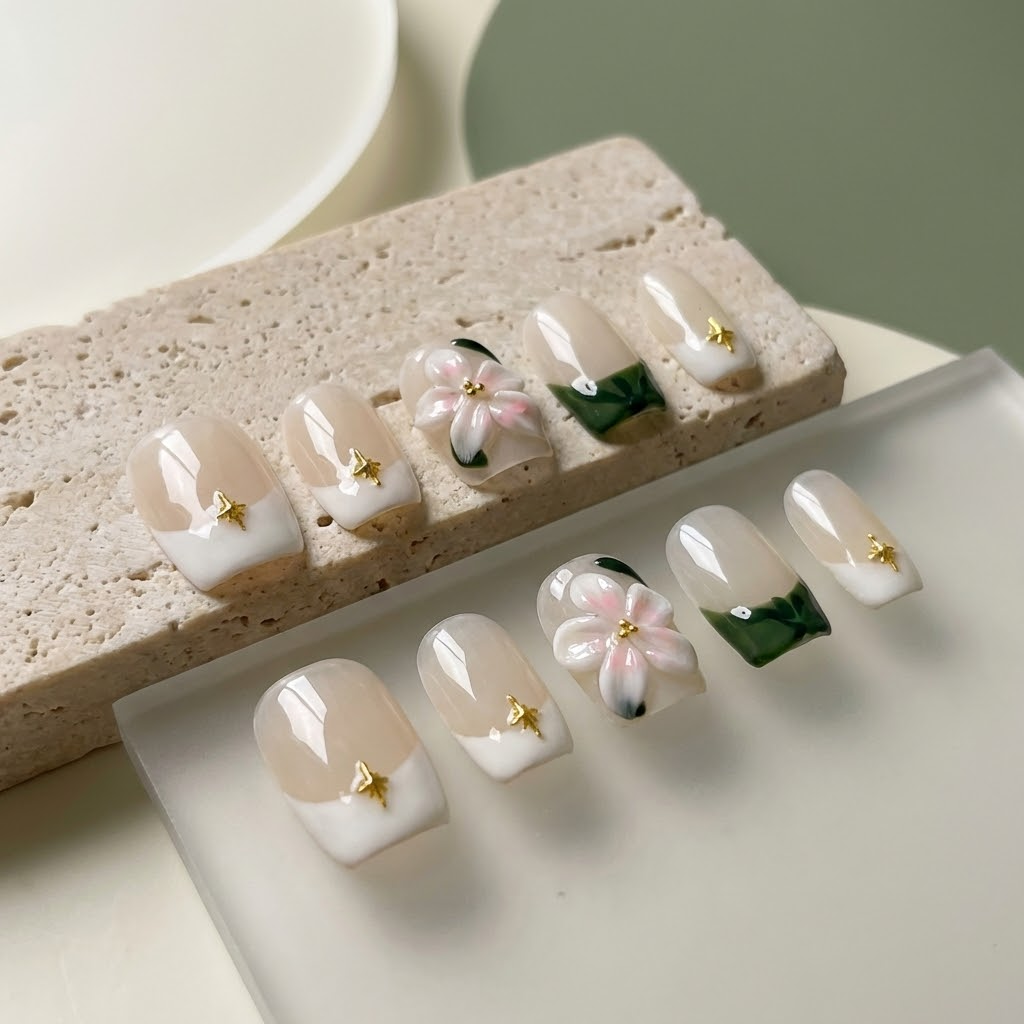 Short 3D Flower French Tip - Liliana Nail's